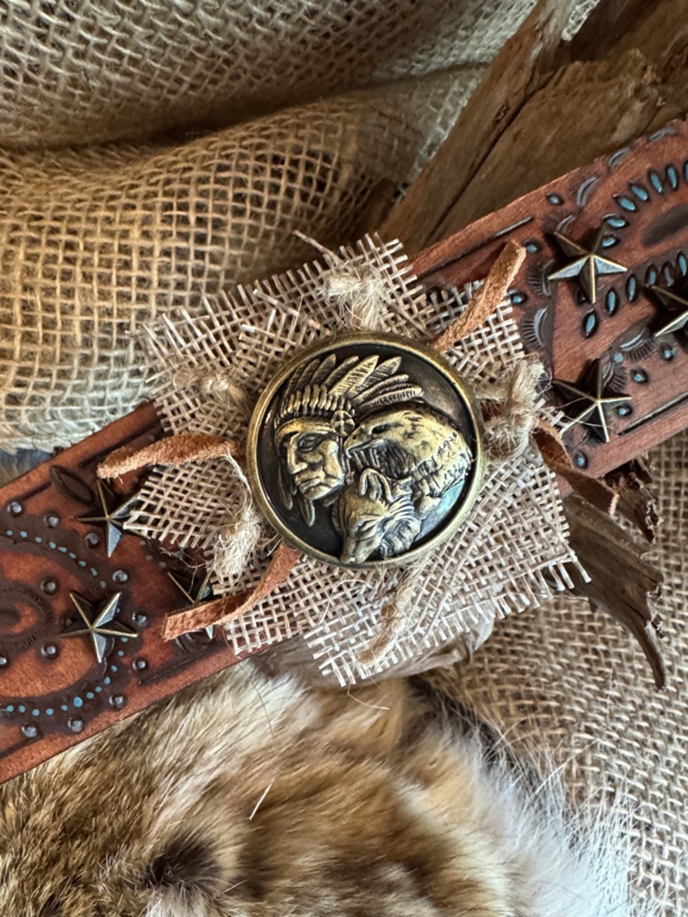 OOAK Bronze-Tone Native American Chief Medallion Leather Cuff Bracelet